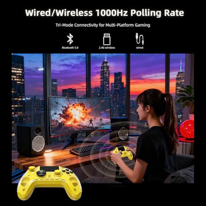 Voacle RG G01 Interactive Screen Wireless Gaming Controller Compatible with PC/Steam/Linux/Android/Switch/IOS 2.4G Wireless Bluetooth Controller Gamepad Hall Effect Triggers(Yellow) - color: Yellow