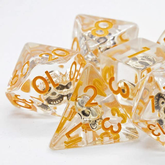 Sage's Portal Familiars and Reagents Resin DND Dice Set Polyhedral Dice Set for Dungeons and Dragons RPG Tabletop TTRPG (Golden Skull Orange Ink) - color: Golden Skull Orange Ink
