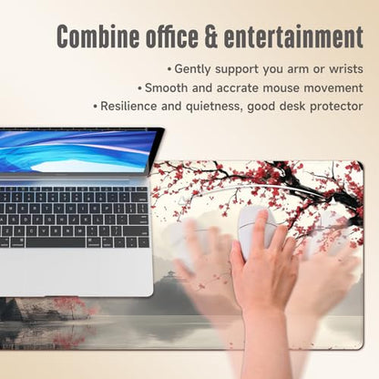 Extended Gaming Mouse Pad, Large Mouse Mat 3 mm Nature Rubber Base Mousepad with Stitched Edges, Non-Slip Desk Mat for Office Home Great Gift 31.5x11.8 Inch (Japanese Watercolor) - color: Japanese Watercolor