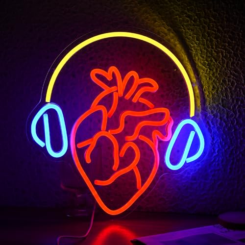 Heartbeat Melody Neon Sign USB Heart LED Signs Headphone Music Neon Light Sign Wall Decor for Bedroom Bar Gifts for Musicians Lovers Gamers - color: Blue Red Yellow