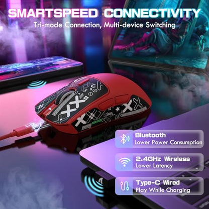 ATTACK SHARK X1 Ultralight Tri Mode Wireless 40000 DPI Gaming Mouse-Red | Magnetic RGB Charging Dock,Anti Slip Grip Tape,PixArt PAW3395 Pro Optical Sensor,BT/2.4Ghz/Wired,Driver for PC Win Mac Gamer - color: Red+Grip Tape