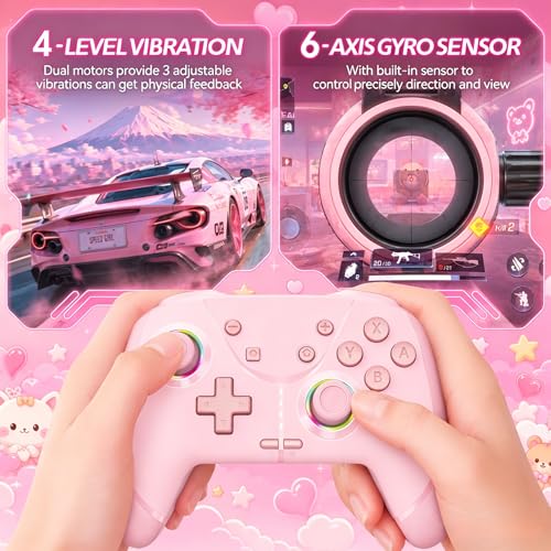 Switch Controller, Wireless Pro Controller for Nintendo Switch 2/Switch/Lite/OLED, Bluetooth controllers Compatible with iPhone/Mac/iPad/iOS/Android/Phone/PC/Steam and TV with Programming/RGB4/Vibration / 3 Turbo Modes/6-Axis/Motion (Pink) - color: Pink