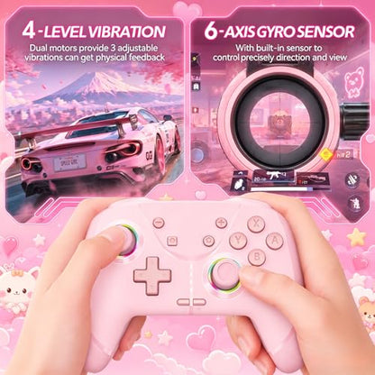 Switch Controller, Wireless Pro Controller for Nintendo Switch 2/Switch/Lite/OLED, Bluetooth controllers Compatible with iPhone/Mac/iPad/iOS/Android/Phone/PC/Steam and TV with Programming/RGB4/Vibration / 3 Turbo Modes/6-Axis/Motion (Pink) - color: Pink