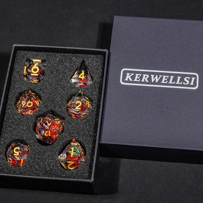 KERWELLSI Liquid Core Dragons Pattern Dice, Resin DND Dice Set with Gift Box, Red and Gold Sharp Edged Dungeons D&D Dice, Role Playing Game Dice D20 D12 D10 D8 D6 D4