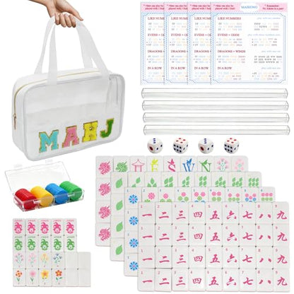 American Mahjong Game Set,Mahjong Set,Complete Mahjong Tile Set with 166 White Tiles (1.2’’),4 Tile rulers,4 dice,1 Bag,100 Chips,5 Instruction Manuals,Mahjong Game Gift for Enthusiasts