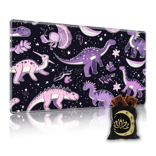 for MTG Playmat in Storage Bag, Purple Dinosaur in Space, Commander Board Game Play Mat Desk Pad, Hand-Painted Stitched Edges Aged Map 27.6x15.7 in,Ideal for TCG＆CCG＆RPG Game Playmat - color: Purple Dinosaur in Space, size: 15.7*27.6 in
