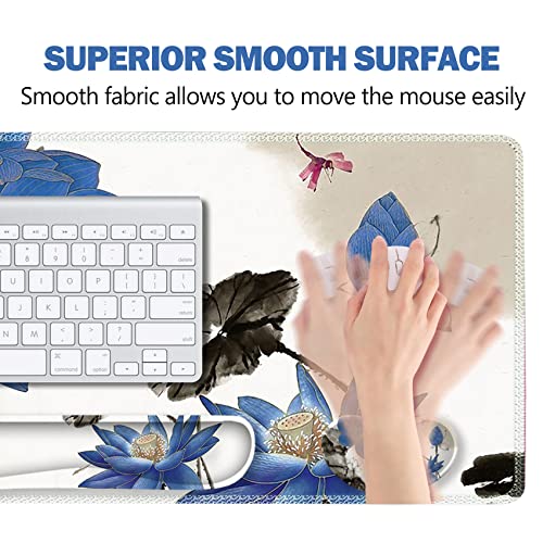 ARTSO Extended Gaming Mouse Pad Set, Keyboard Wrist Rest Support Pad + Wrist Cushion + XXL Large Mouse Pad + Coaster, Stitched Edge, Non-Slip, Memory Foam Desk Mat, Blue Lotus Ink Painting - color: Blue Lotus Ink Painting