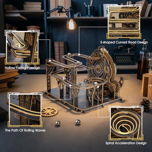 3D Wooden Puzzles for Adults, Mechanical Marble Run Model Kits to Build, DIY Wooden Puzzle with 6 Steel Marbles, Unique Birthday Gifts for Women Men - color: Darkwood Golden Wheel