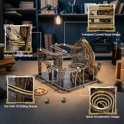 3D Wooden Puzzles for Adults, Mechanical Marble Run Model Kits to Build, DIY Wooden Puzzle with 6 Steel Marbles, Unique Birthday Gifts for Women Men - color: Darkwood Golden Wheel