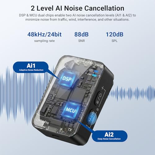 NEEWER CM26 Pro AI Wireless Microphone Compatible with iPhone Android Phone Camera PC, Lavalier Lapel Mic DSP/MCU Noise Cancellation Mute Gain Low Cut 48KHz/24Bit 88dB SNR 50H Battery 100m Range