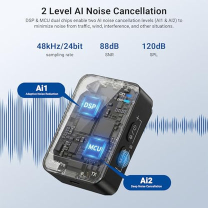 NEEWER CM26 Pro AI Wireless Microphone Compatible with iPhone Android Phone Camera PC, Lavalier Lapel Mic DSP/MCU Noise Cancellation Mute Gain Low Cut 48KHz/24Bit 88dB SNR 50H Battery 100m Range