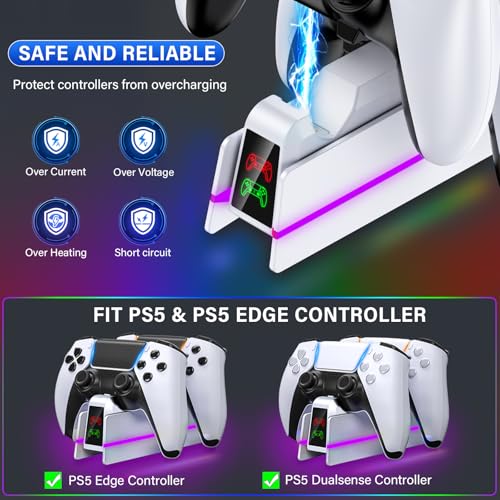 PS5-Controller-Charger-Station - Charging Station for PlayStation 5 Dualsense/Edge Controller with 9 Color Led Light, Fast Charging Dock & Holder Stand for PS5/Slim/Pro Remote - Whole White - color: Whole White P38