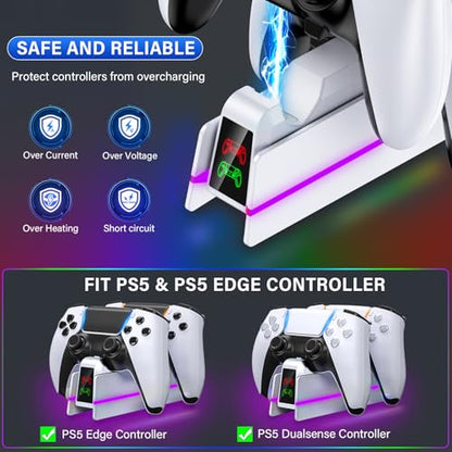 PS5-Controller-Charger-Station - Charging Station for PlayStation 5 Dualsense/Edge Controller with 9 Color Led Light, Fast Charging Dock & Holder Stand for PS5/Slim/Pro Remote - Whole White - color: Whole White P38