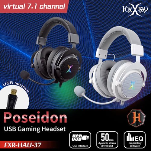 FOXXRAY HAU-37 USB Gaming Headset for PC, Computer Headphones with Microphone, 7.1 Surround Sound, 50MM Dynamic Drivers, RGB Light, Wired Headphones for PS4, PS5, Laptop - color: White