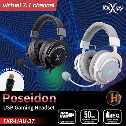 FOXXRAY HAU-37 USB Gaming Headset for PC, Computer Headphones with Microphone, 7.1 Surround Sound, 50MM Dynamic Drivers, RGB Light, Wired Headphones for PS4, PS5, Laptop - color: White