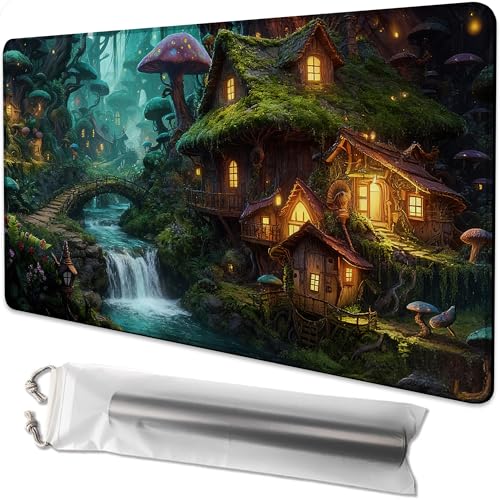 for MTG Playmat 24 x 14 Inches Fairy Forest Mushroom Magic Play Mat Card Game Mat for Magic The Gathering TCG PTCG Playmat with Free Storage Bags Non-Slip Backing and Stitched Edge - color: Fairy Forest Mushroom No With Zones