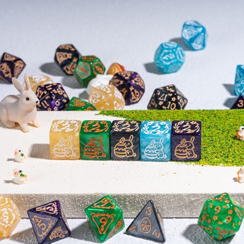 5 Sets Dice DND, Polyhedral Dice Set (35pcs) with Leather Dice Bag, D&D Dice Set for RPG Table Games (Rabbit Pattern 5 Sets Dice) - color: 5 Sets Rabbit Pattern