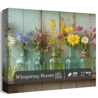Wildflower 1000 Piece Puzzle for Adults, PICKFORU Whispering Blooms Summer Flower Garden Jigsaw Puzzle, Challenging Retro Vibrant Sunflower Vase Theme as Home Decor - style: Whispering Blooms
