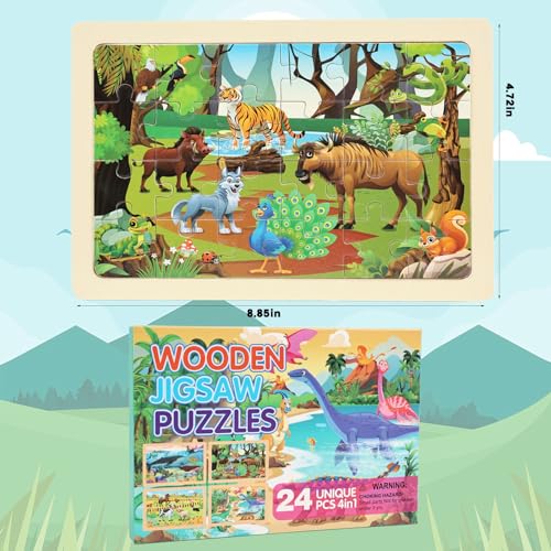 Wooden Puzzles for Kids Ages 4-6, 24 Piece Vehicle Car Construction Jigsaw Puzzles 4 Packs, Preschool Toddlers Learning Activity Puzzles Toys for Boys Girls 3 4 5 6 Years Old (Dinosaurs+Farm+Ocean) - color: Dinosaurs+farm+ocean
