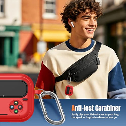 Getino Retro Game Case for AirPods Pro 3 | Game Console Design Protective Cover with Foldable Stand, Secure Lock Anti-Drop Shockproof PC+TPU Case, Keychain & Cleaning Kit for Men & Boys, Red - color: Red