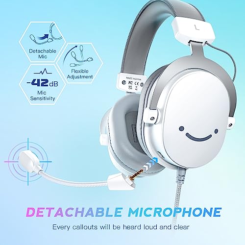 FIFINE USB PC Gaming Headset with 3.5mm Audio Jack, Detachable Microphone, 7.1 Surround Sound, Volume Control, Streaming Over-Ear Wired Headphones for Computer, PS5, Controller, Xbox-H9 White - color: White
