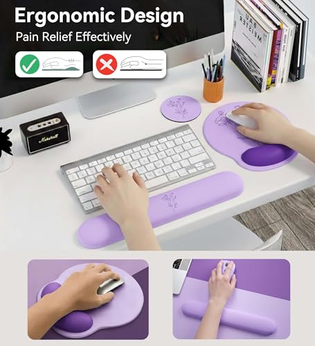 Mouse Pad with Keyboard Wrist Rest,Ergonomic Mouse Pad Wrist Support PU Base with Coaster,Mousepad with Nonslip Base for Computer Laptop Keyboard Home&Office - color: N-Purple Plants
