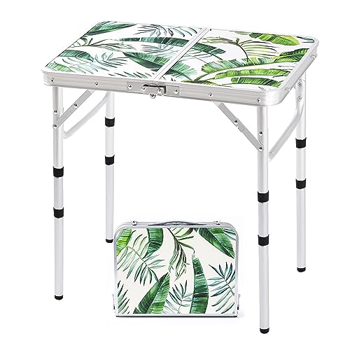 Folding Camping Table 2ft Portable Picnic Table Adjustable Height Small Card Table Aluminum Foldable Lightweight with Carry Handle for Outdoor Indoor Hiking Camp BBQ Beach (Monstera Palm Leaves) - color: Monstera Palm Leaves, size: 24"l X 16"w X 24"h