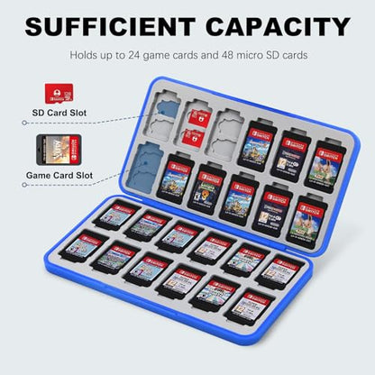 FYY Nintendo Switch Game Case Holder for Switch 2 Cartridge, Blue | 24 Game Card Slots & 48 Micro SD Card Slots, Hard Shell, Silicone Lining - color: A-Blue