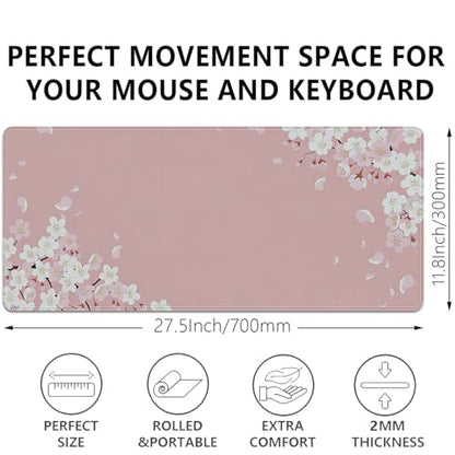 Pink Cherry Blossom Large Mouse Pad Desk Mat, 27.5x11.8in Japanese Sakura Floral Extended Keyboard Mousepad with Stitched Edges, Non-Slip Waterproof Rubber Base for Office, Computer & Laptop - color: Pink Cherry Blossoms