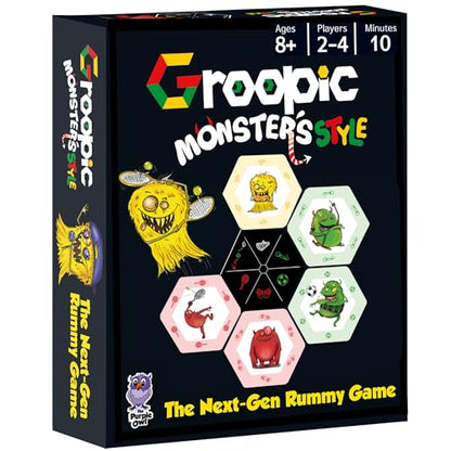 Groopic Monster's Style, Award-winning and Fun Twist on Rummy Game for kids | A fresh, innovative twist: build groups around definition cards. 53 big hexagonal cards, Monster Games for kids, ages 8+.