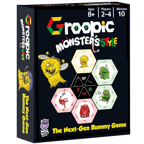 Groopic Monster's Style, Award-winning and Fun Twist on Rummy Game for kids | A fresh, innovative twist: build groups around definition cards. 53 big hexagonal cards, Monster Games for kids, ages 8+.