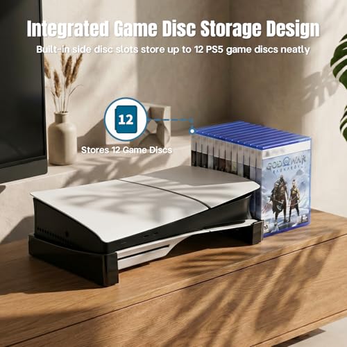 ZYTHRONE Horizontal Stand Compatible with PS5 Slim & Pro Console, Base Stand for PlayStation 5 Slim/Pro Disc & Digital Editions, Hold 12 Pcs Game Disc (Not for PlayStation 5 2020), Black - color: Black