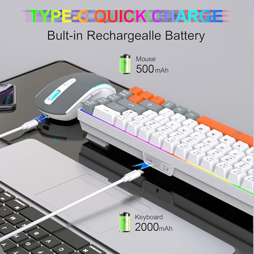 Snpurdiri 60% Wireless Gaming Keyboard and Mouse Combo,Rainbow Backlit Rechargeable 2000mAh Battery,Mini Mechanical Feel Keyboard +Popular RGB Mice for Gaming,Business Office(Gray-White-Orange) - color: White Gray Orange Combo