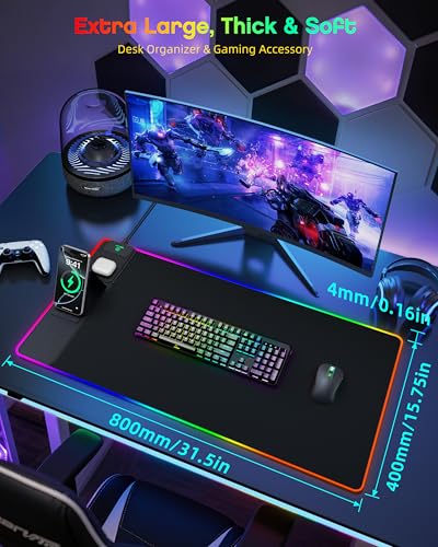 Wireless Charging Mouse Pad with Phone Stand, 31.5"x15.8" Large | Gaming Mousepad RGB Desk Mat, Smooth Glide, Stitched Edge, Non-Slip Rubber Base, Waterproof Keyboard Mat, No Adatper - color: RGB-Stand