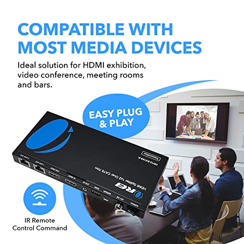 OREI 4K 1x2 HDMI Over ethernet Extender Splitter Over CAT6/7 ethernet Cable 4K@30Hz up to 165 ft - 1 in 2 Out, 1080P@60Hz Upto 230 ft, PoC, IR Control, EDID, HDMI Loop Out (HD12-EX165-K)