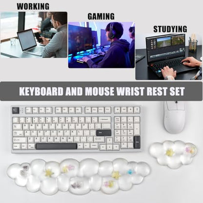 Gel Keyboard and Mouse Wrist Rest Set – Cute Clear Cloud Wrist Rest for Computer Keyboard 60%/68%/75%, Comfort & Support for Typing and Gaming
