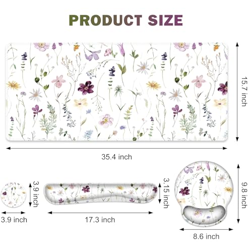 Gaming Mouse Pad, Large Desk Mat Cute Desk Pad Protector, 4in1 XXL Mousepad | + Keyboard Wrist Rest+Mouse Wrist Rest+Coaster Set with Ergonomic Desk Pad for Home Office Computer, Purple Flower Plants - color: Purple Flower Plants