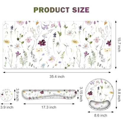 Gaming Mouse Pad, Large Desk Mat Cute Desk Pad Protector, 4in1 XXL Mousepad | + Keyboard Wrist Rest+Mouse Wrist Rest+Coaster Set with Ergonomic Desk Pad for Home Office Computer, Purple Flower Plants - color: Purple Flower Plants