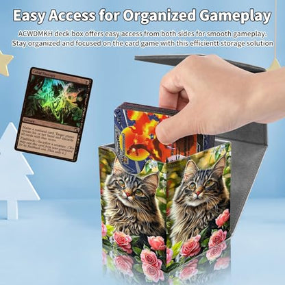 Card Deck Box for MTG Commander,Collectible Trading Storage Box Fits 120+ Single Sleeved Cards Magnetic Case PU Leather for Magic Commander TCG CCG MTG,Cute Cat Flower - color: Cute Cat Flower