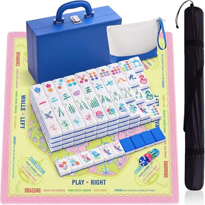 Soulchen 1.2in American Mahjong Tiles Set with Noise Reducing Mat 168 Acrylic Engraved Mahjong Game Tiles with Portable Storage Bags and 4 Dice for Adults Family Friends Collection Travel Game(Blue) - color: Blue