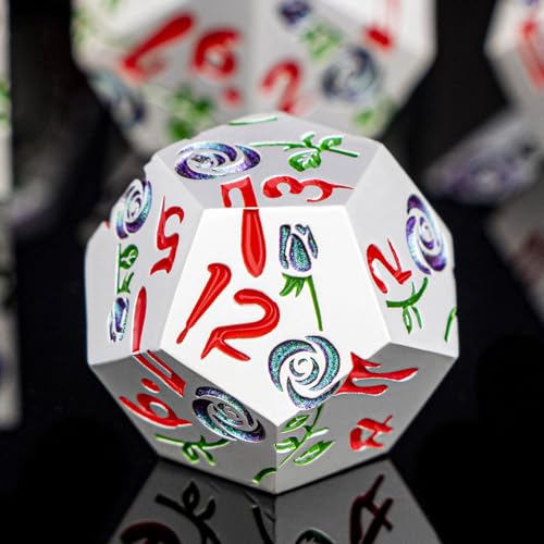 Gothic DND Dice Set Bleeding Rose Metal D and D Dice for use with Dungeons Dragons D&D Role Playing Game, Silver Purple Green RPG Polyhedral Dice Set D20 D12 D10 D8 D6 D4 - color: Purple Green&silver&red Numbers