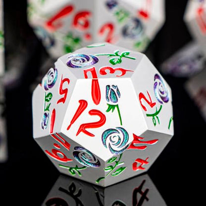 Gothic DND Dice Set Bleeding Rose Metal D and D Dice for use with Dungeons Dragons D&D Role Playing Game, Silver Purple Green RPG Polyhedral Dice Set D20 D12 D10 D8 D6 D4 - color: Purple Green&silver&red Numbers