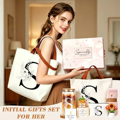DHQH Birthday Gifts for Women, Monogrammed Gifts Box Included 16 oz Initial Glass Drinking Cup,Canvas Tote Bag, Personalized Iced Coffee Tumbler Gift for Women Her Mom Teacher Friends Sister, S - color: letter-cup-s