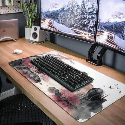 Japanese Cherry Blossom Large Gaming Mouse Pad,Mouse Pad Gaming for Desk 31.5 x 11.8 in Mouse Mat Desk Pad,Extended Keyboard Mousepad Desk Mat with Non-Slip Base and Stitched Edge for Gaming Office - color: Cherry Blossom Mountain