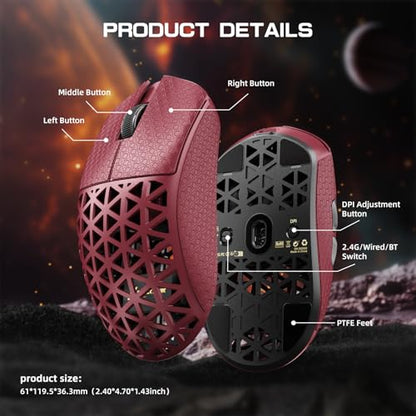 ATTACK SHARK R5Ultra 8K Carbon Fiber Wireless Gaming Mouse, Red&Tape | 42K DPI,PAW3950 MAX Sensor,39g Ultra-Lightweight,Nordic 52840 MCU Chip,Wired/BT/2.4GHz Wireless Programmable Mouse for PC/Mac - color: Red&Griptape