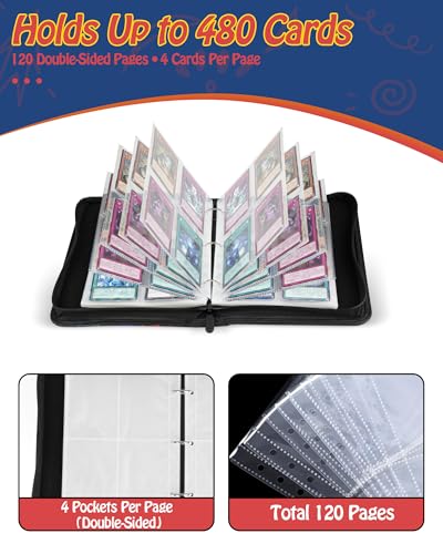 4-Pocket Trading Card Binder, 120 Pages Holds 480 Cards, PU Leather Side-Loading Card Album, Acid-Free Archival Sleeves, Durable Card Organizer for MTG, TCG and Sports Cards, Birthday & Christmas Gift - color: 4-Blue