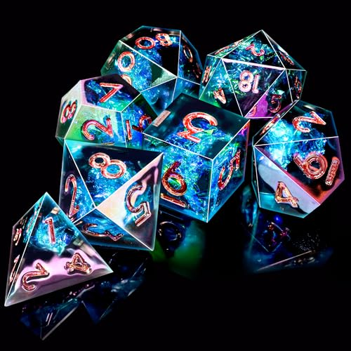 AUSTOR 7-Die DND Dice Set Handmade Sharp Edge Polyhedral Dice for Dungeons and Dragons D&D RPG MTG Table Games（Electroplating Black&Blue,Gold） - color: Electroplating Black&blue,gold