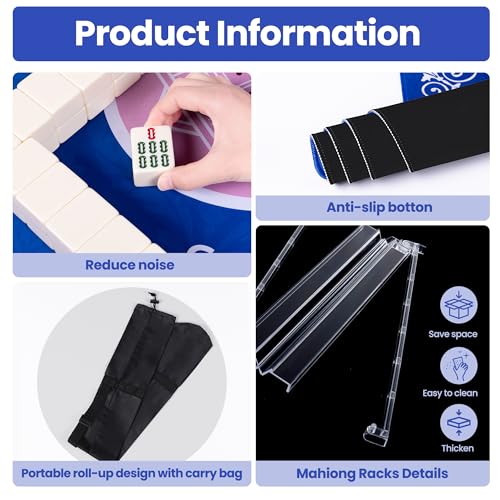 Blue Mahjong Mat for Table with 4 Racks - Anti Slip Mats for Card Poker Playing Board Game Tabletop Gaming - Noise Reduction Foldable Mah jongg Table Cover - Rectangle Mahjong Pad (32" x 32")