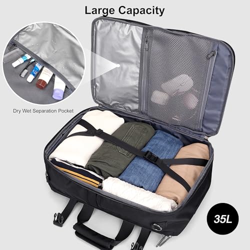 PIJUSHI 3-In-1 Travel Backpack for Women with 16" Padded Laptop Compartment | Convertible Carry On Luggage/Duffel/Shoulder with 180° Open, USB Port, Dry/Wet Pocket for Airport, Daily, PE049 Black