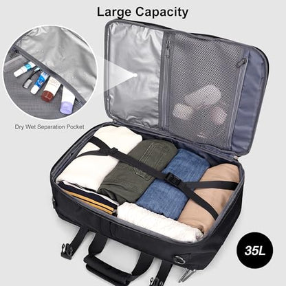 PIJUSHI 3-In-1 Travel Backpack for Women with 16" Padded Laptop Compartment | Convertible Carry On Luggage/Duffel/Shoulder with 180° Open, USB Port, Dry/Wet Pocket for Airport, Daily, PE049 Black